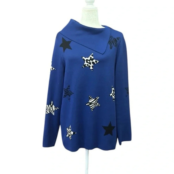 Investments Women’s Lagenlook Animal Print Stars Royal Blue Tunic Sweater Medium - Picture 8 of 13